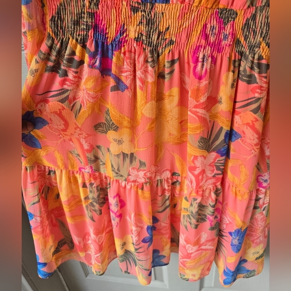 Anne Klein Floral Dress Sz 14 Women Long Sleeve Tiered Smocked Waist Fit Flare - Picture 10 of 15